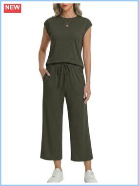 Women's Two Piece Lounge Set Cap Sleeve Top Wide Leg Crop Pants